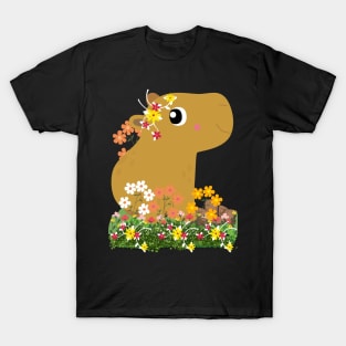 Cute Brown Kawaii Capybara sitting in flowers T-Shirt